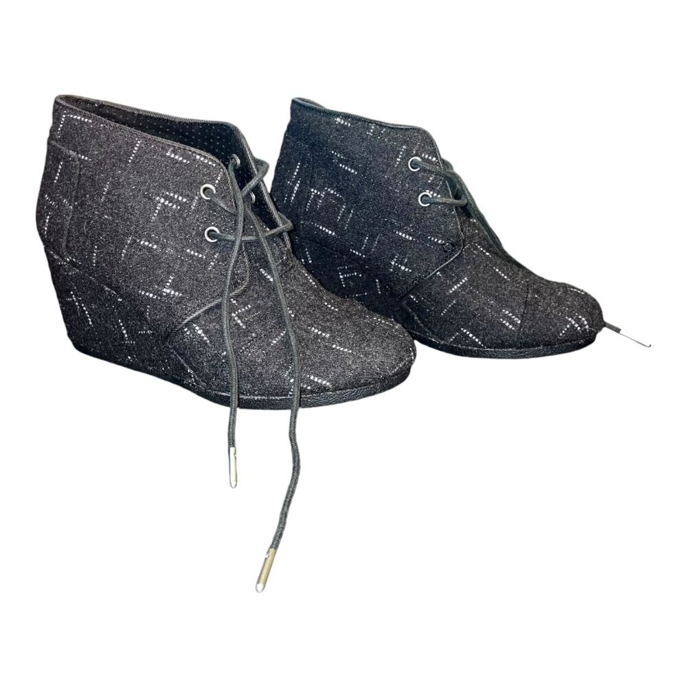 Booties - TOMS - Desert Wedge - Laced / Dotted Wool - Black - Women's - Size 6.5
